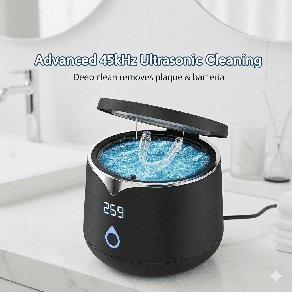 Professional 45kHz Ultrasonic Retainer Cleaner with UV Sanitizer - Portable Cleaning Machine for Aligners, Dentures, Mouth Guards, and Jewelry - 200ml, Dual Cleaning Modes, Black