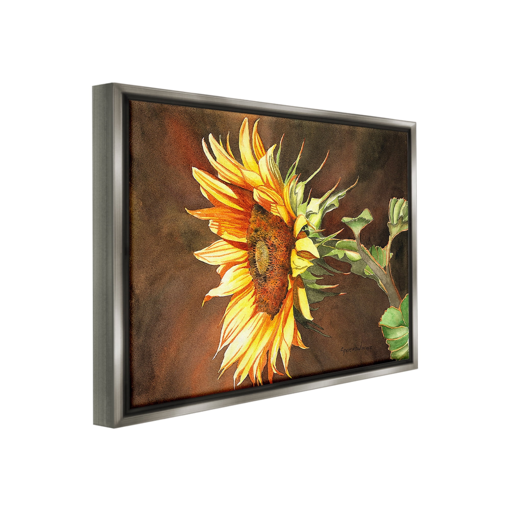 Stupell Industries Sunflower with Vivid Light Botanical & Floral Painting Gray Floater Framed Canvas Art Print Wall Art, 31 x 25