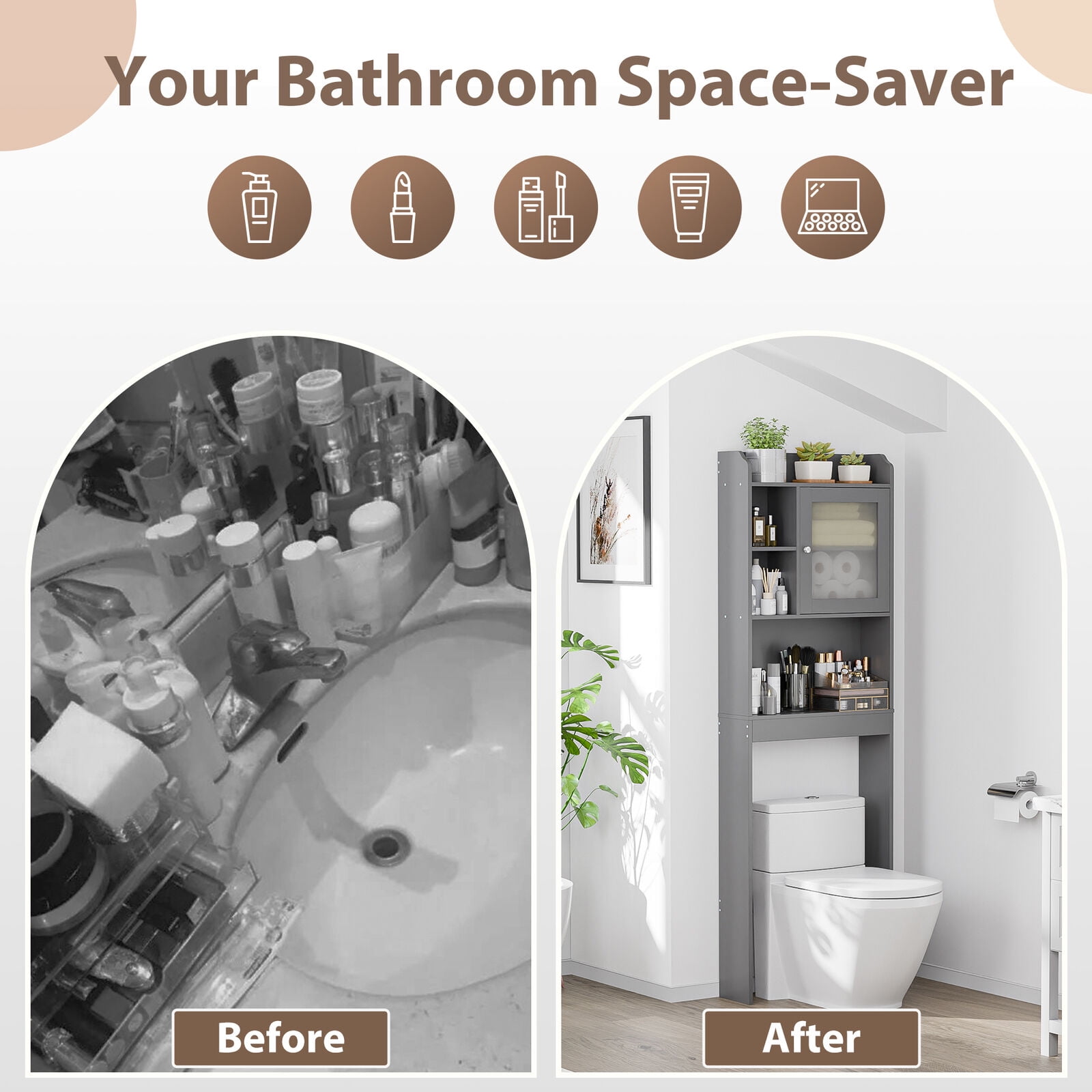 Favory Over The Toilet Cabinet, Double Door Bathroom Storage Organizer, Toilet Rack with Inner Adjustable Shelf and Open Storage Shelf,Gray