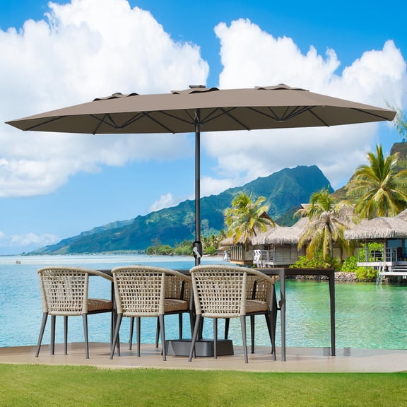 15FT Double-Sided Patio Umbrella with Base and Sandbags, Large Rectangular Market Umbrella for Outdoor Garden, Pool, Lawn, Deck, or Backyard – UV & Water-Resistant Canopy, Crank Lift (Tan)