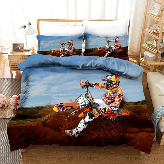 Luxury Bedding Set Motorcycle Print Duvet Cover Set with Pillowcase Motocross Bedspread boy‘s Bed Set