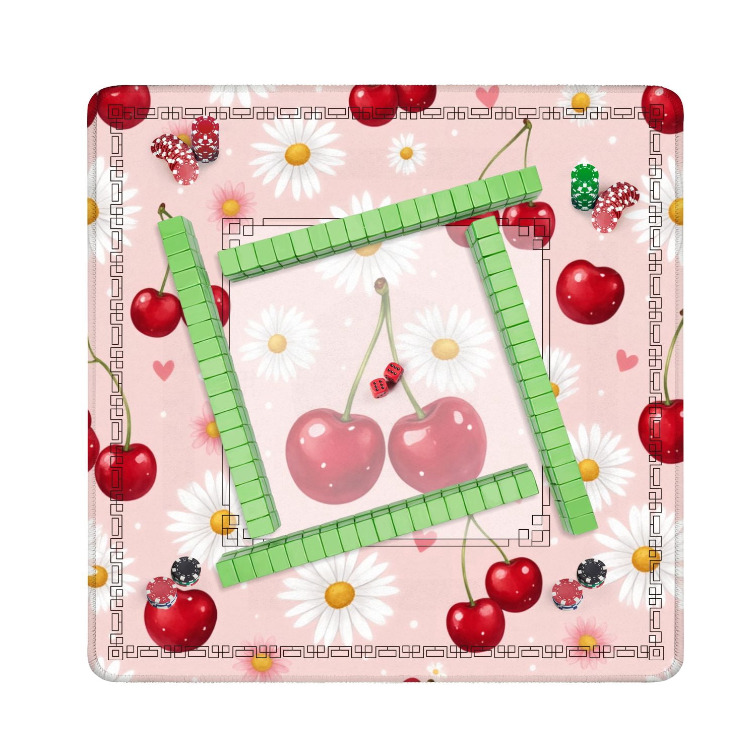 Mahjong Mat 31.5" x 31.5" Seamless Red Cherries White Daisies Pink Non-Slip Noise Reduction American Mahjong Tiles Table Cover for Dominoes Poker Card Board Games Gift