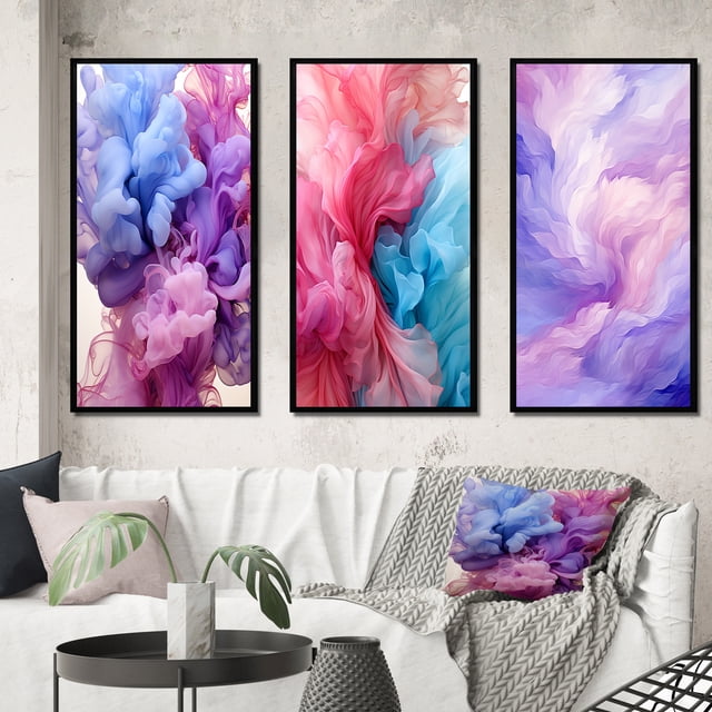 Designart "Red Blue Ink Waves Pure Abstraction III" Abstract Liquid Ink Framed Wall Art Set Of 3 - Purple Modern Frame Gallery Set For Office Decor
