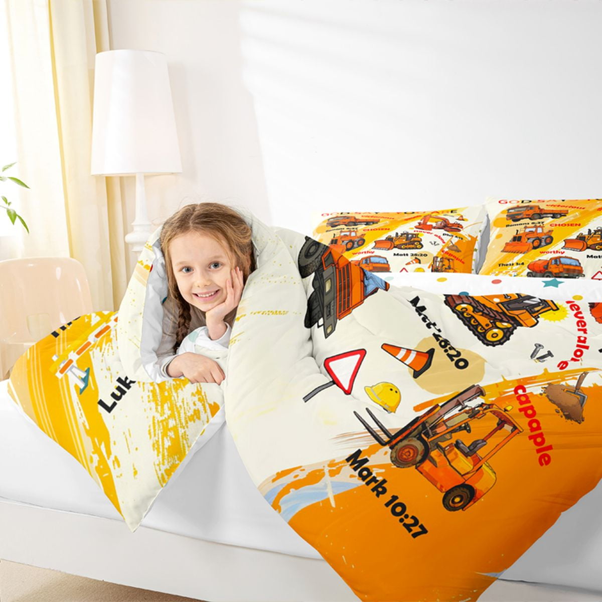 Manfei Orange Graffiti Full Size Comforter Sets,Excavator Bulldozer Truck Bedding Comforter Set,Construction Vehicles Bedding Sets For Boys,Luxury Bedroom Decor Reversible,3 Pieces