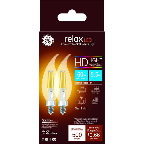 GE Relax LED Light Bulbs, Soft White, Clear Finish Bent Tip Shape Bulb