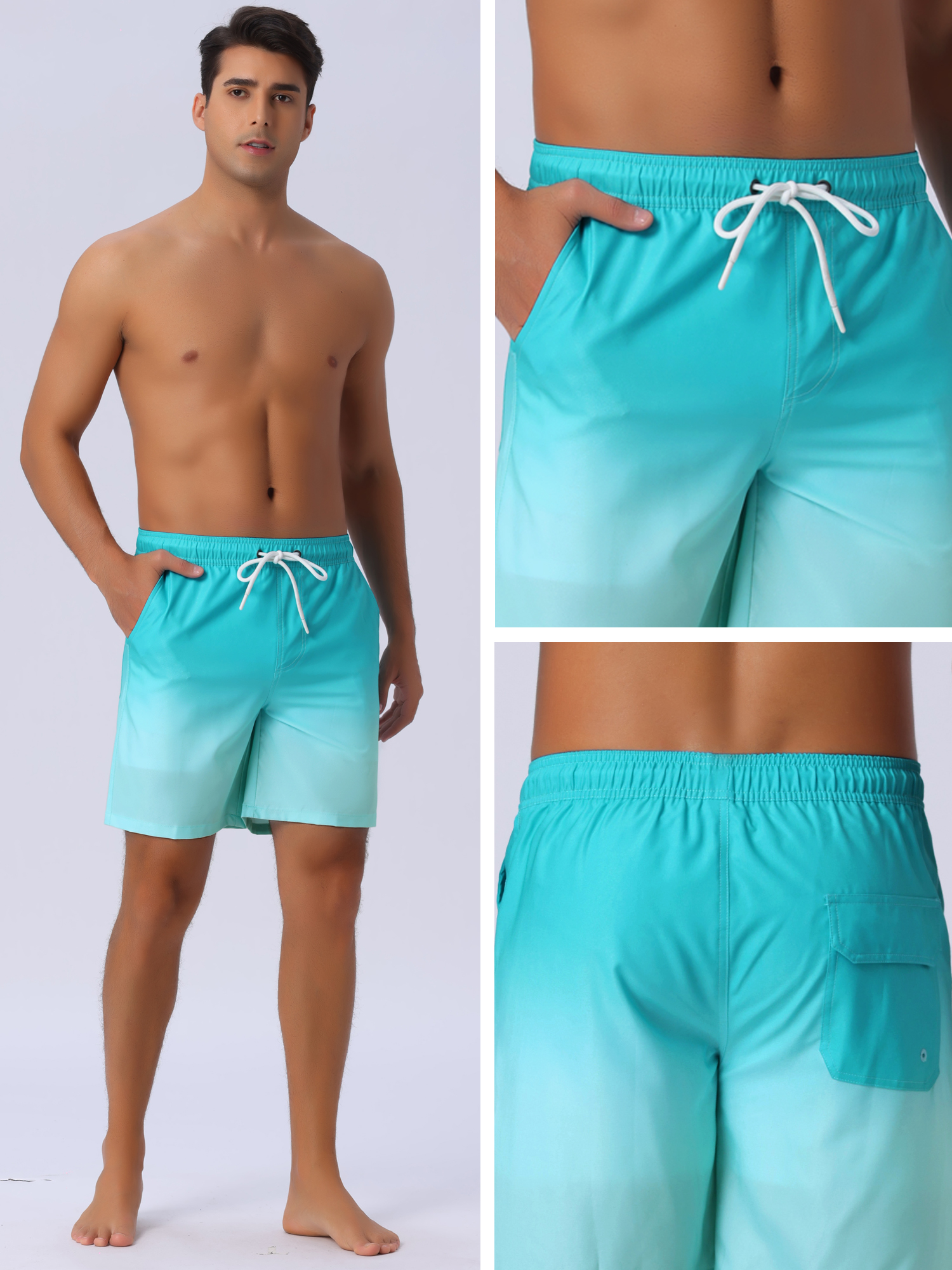 DARING DIVA Men's Gradient Color Drawstring Elastic Waist Lining Swimming Trunks 36 Light Blue