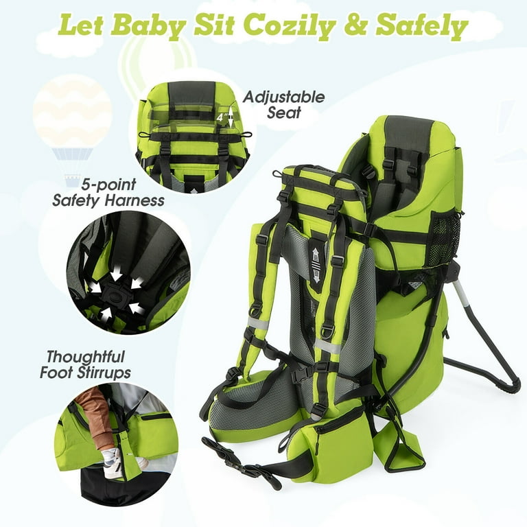 Gymax Baby Backpack Carrier Toddler Foldable Aluminum Bracket for Hiking with Pockets Green