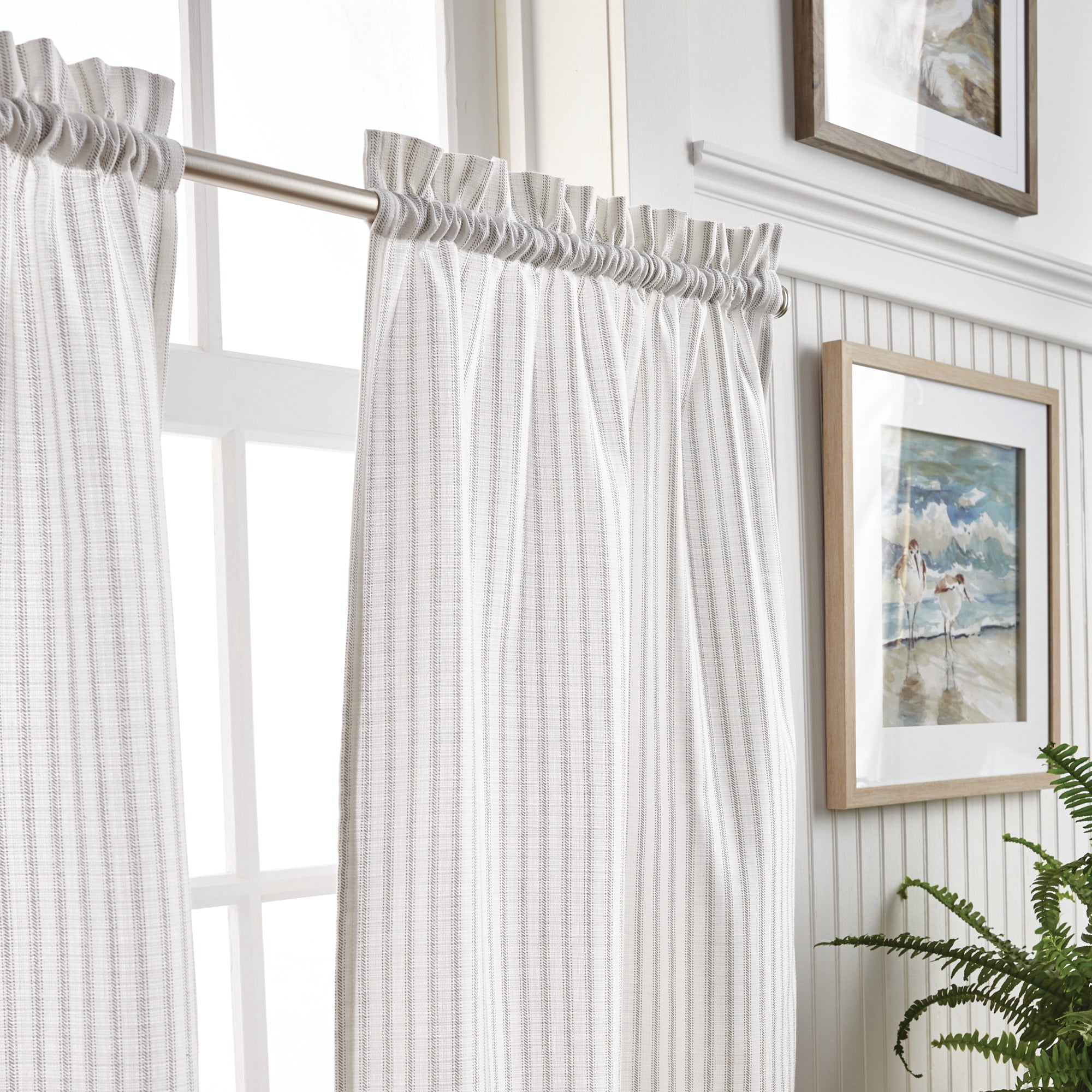 Martha Stewart Ticking Stripe 3 Piece Valance & Tier Set, White/Grey, Rod Pocket, Indoor, Adult, 56" x 36"