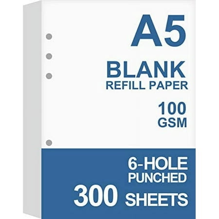 (3-Pack) A5 Blank Paper, Refills for Filofax Planner, Organizer, Binders, 6 Hole Punched, Total 300 Sheets600 Pages, 100gsm, White, 58 x 82 Inch