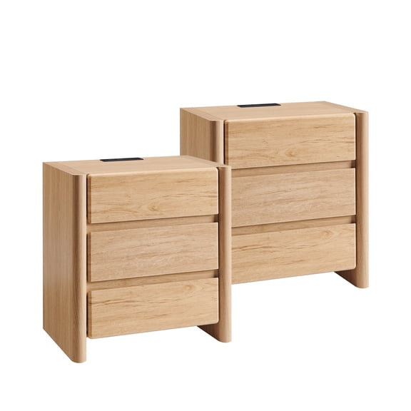 wow97e 25" Tall Nightstand set of 2 for Bedroom, Wood End Table with Charging Station & 3 Storage Drawers, Modern Bedside Table w/Rounded Corner Design for Bedroom, Living Room