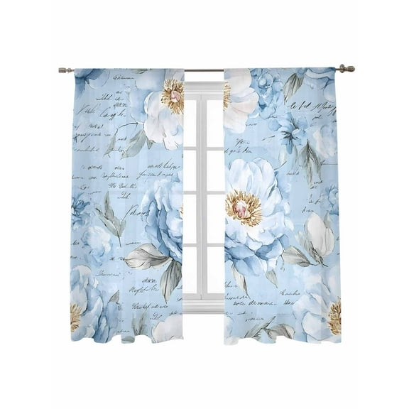 Blue Gradient Flower Sheer Curtains 63 Inch Long 2 Panels, Blue Floral Retro Text Light Filtering Rod Pocket Semi Sheer Curtains, Sheer Voile Drapes for Living Room Bedroom, 52"x63"