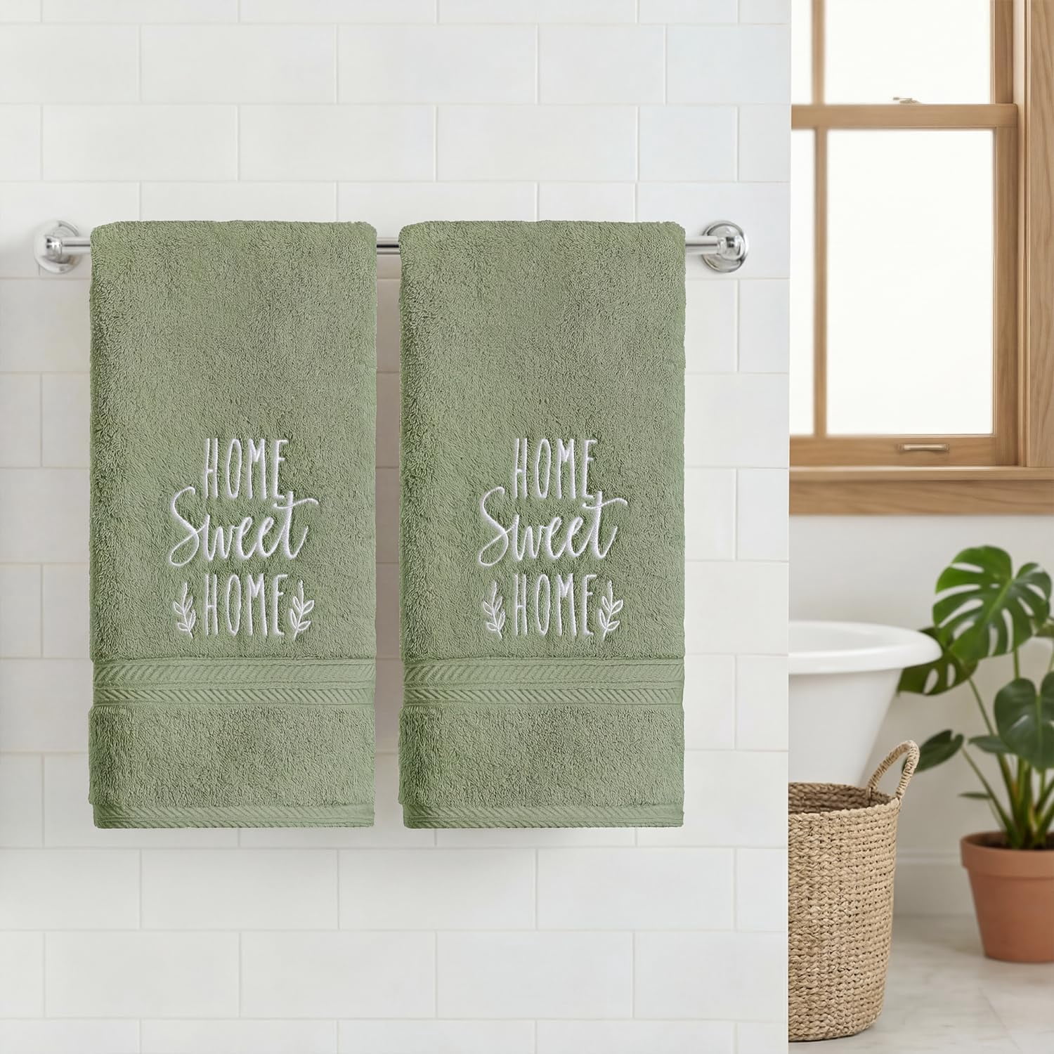 JJEAN-2 Pcs Sage Green Home Sweet Home Embroidered Hand Towels for Bathroom, Cotton Soft Absorbent Farmhouse Decor Towels, 13.7 x 29.5 Inch