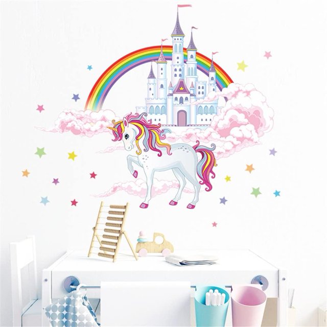 Vinilos Decorativos Unicornio Vinilos Decorativos Unicornio con Castillo Arcoiris Pared Extraíble