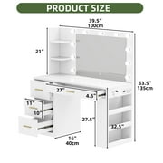 Uforic Makeup Vanity Desk with Mirror & Lights, Vanity Desk with 4 Drawers & Storage Shelves - White