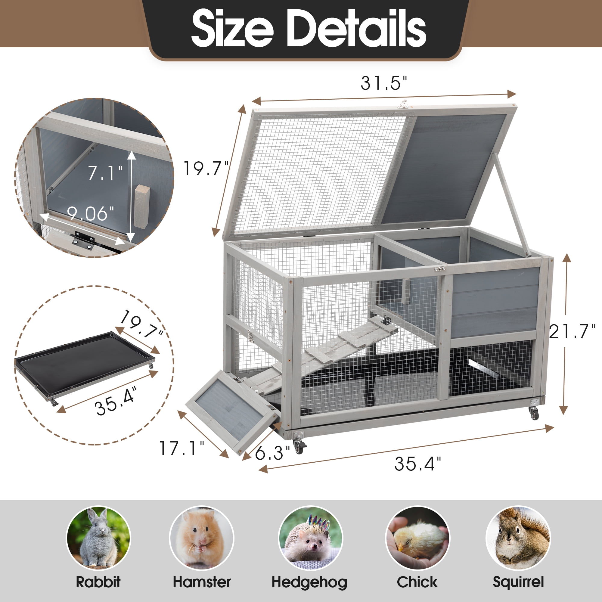 resenkos 35" Outdoor Rabbit Hutch with Wheels, Wood Bunny House with Ramp, Tray, Doors, Openable Top Small Animal Pet Cage, Gray
