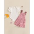 thumbnail image 4 of Baby Toddler Girls Summer Clothes 3 6 12 18 Months Solid Ribbed Short Sleeve Romper with Bow Print Overall Shorts 2 Pcs Outfits Set, 4 of 9