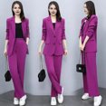 thumbnail image 2 of Quixlent 2 Pcs/Set Women Coat Pants Set Lapel Single Button Mid Length Cardigan Long Sleeve Jacket Wide Leg High Waist Straight Trousers Lady Formal Commute Outfit, 2 of 8