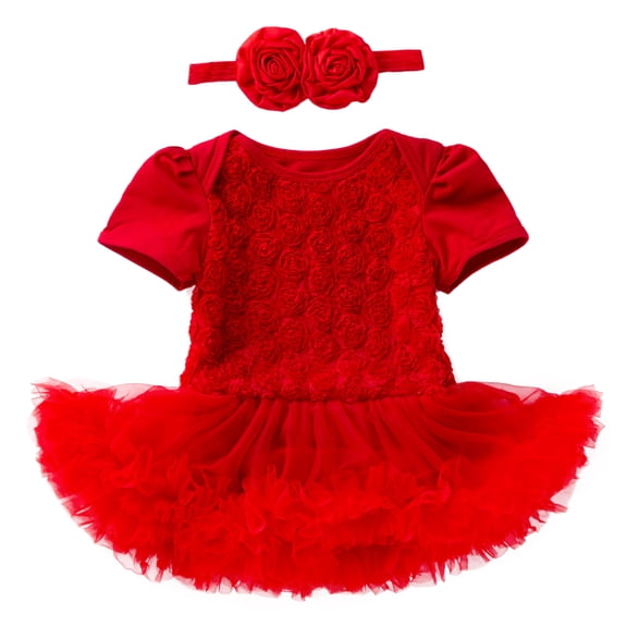 Fesfesfes Toddler Baby Bodysuit Girls Net Yarn Solid Color Rose Flower Romper Jumpsuit Short Skirt