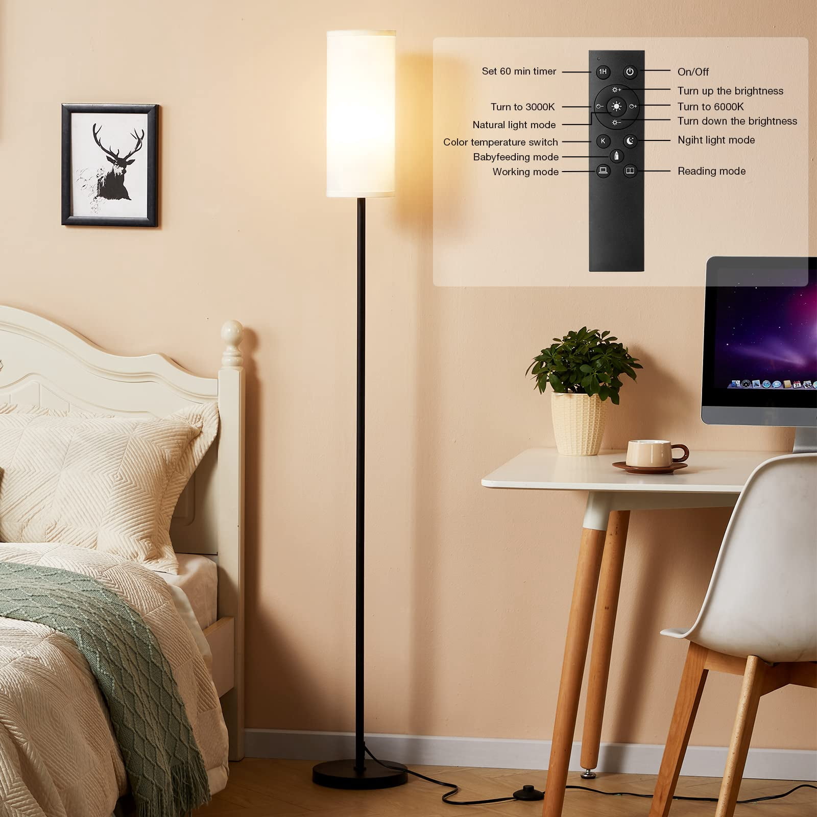 Floor Lamps For Living Room  64" Modern Lamp With Remote Control And Stepless Dimmable Colors Temperature & Brightness Standing Bedroom Office 9w Bulb Included
