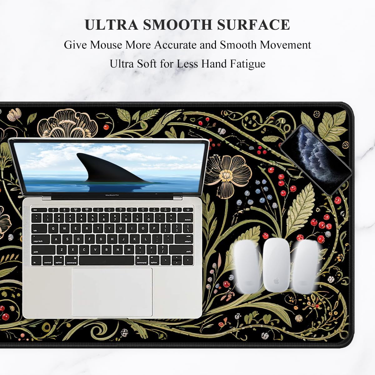 Desk Mat, Ultra Large Mouse Pad, XXL Gaming Mousepad, Pretty Desk Pad, Big Extended Full Size Desktop Desk Matt for Keyboard, Laptop & Computer, 35.5 x 15.7 in, European Vintage Flowers
