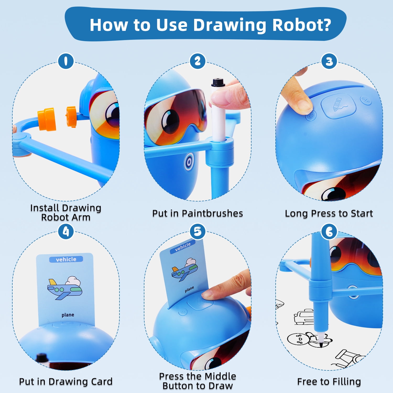 Educational Drawing Robot for Kids Ages 3-8 | Voice Interactive Learning Toys with 100 Word Cards & 12 Color Pens | Montessori Painting Machine for Boys Girls | Birthday Party Gifts (Blue)