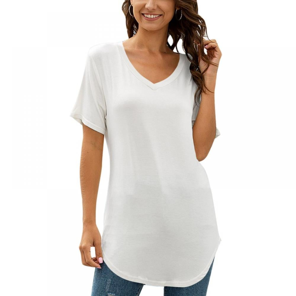 Womens Tops Short Sleeve Summer V-neck Color Block Casual Loose Tunic T-Shirts Blouse Top Tee to Wear with Leggings