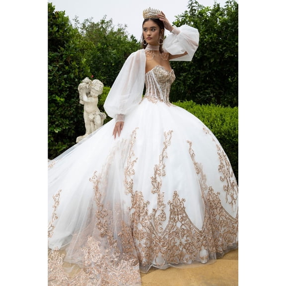 Women's GLS Gloria Strapless Puff Sleeve Ball Gown Gl3578 Ivory And Gold Size M Ivory/gold