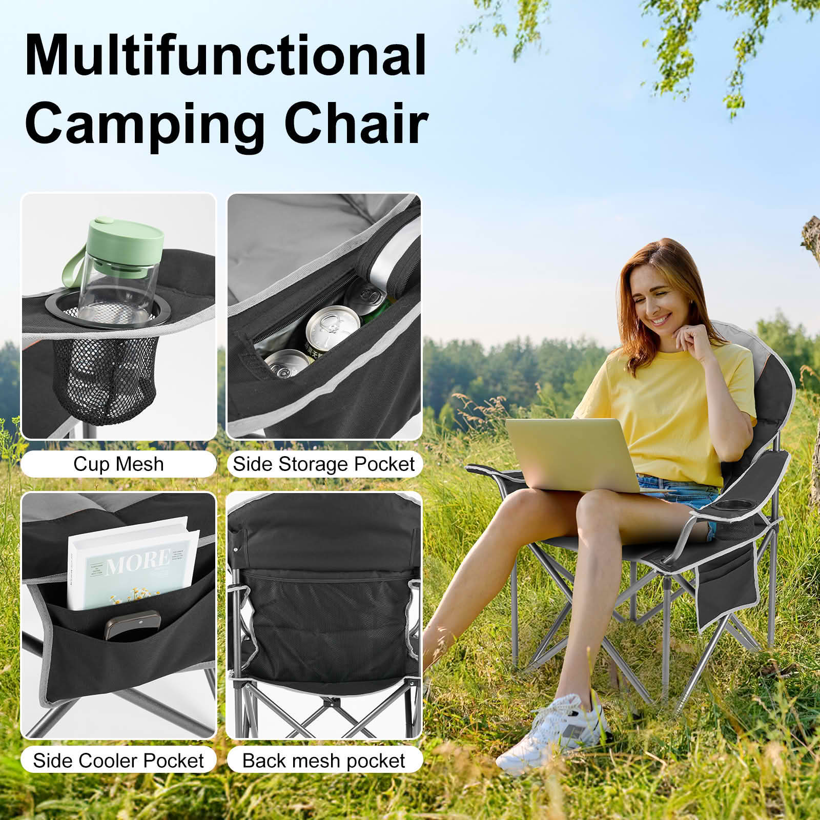 MAYEERTY Oversized Camping Folding Chair 5000 LBS Steel Frame Padded with Cup Holder Cooler Bag