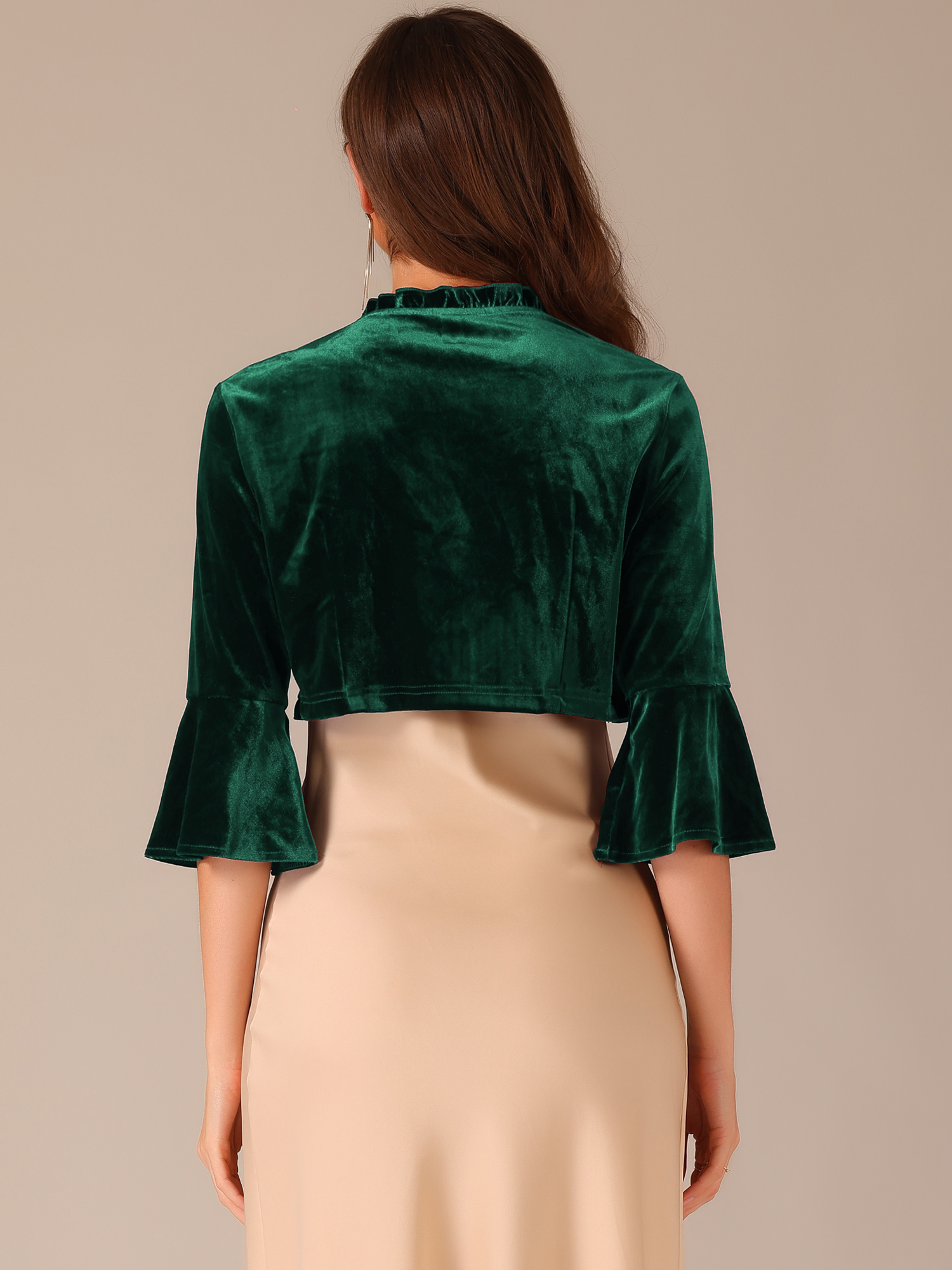 DARING DIVA Velvet Shrug Top Ruffled Cocktail Cropped Cardigan L Dark Green