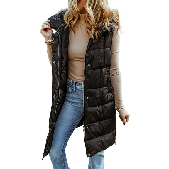 Women's Black Hooded Long Quilted Vest Coat - [ZhiHiMeRi] | (US 4-6)S,Black