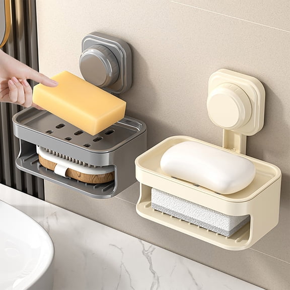 Suction Cup Soap Dish, Wall Mounted Double Layer Drain Rack for Bathroom and Kitchen, No Drill Soap Holder with Ventilation Holes, Modern Minimalist Gray or White, Topliu