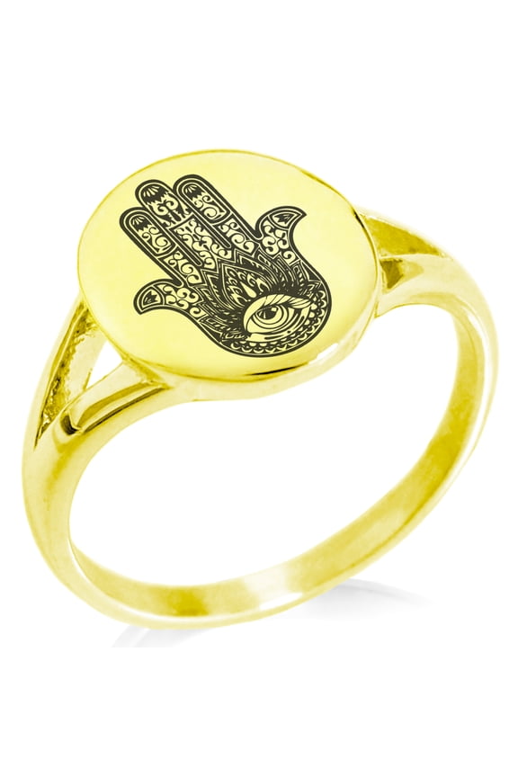 Stainless Steel Lotus Hamsa Hand of Fatima Minimalist Oval Top Polished Statement Signet Ring