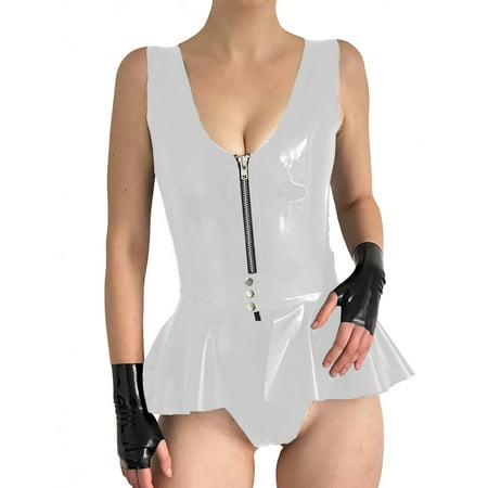 Women Sexy Patent Leather Bodysuit Party Sleeveless PVC Rompers with Skirted Belt V-neck Zipper Playsuit