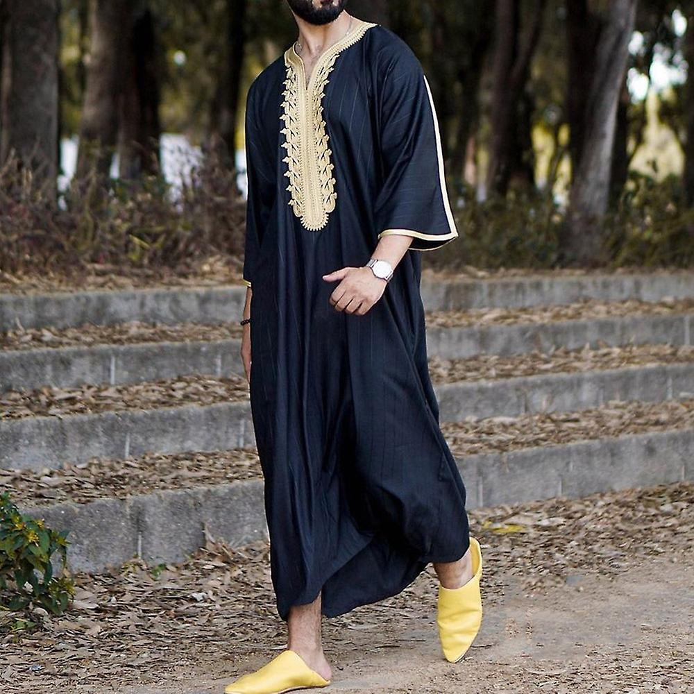 Hommes Habits Islamiques Musulmans Dubai Robe Kaftan Arabe Robes Chemise a Revers