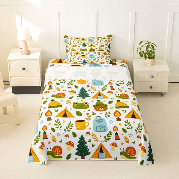 Manfei Lovely Bear Twin Sheets,Cute Camping Print Bedding,White,3 Pieces,1 Fitted Sheet and 1 Pillowcase
