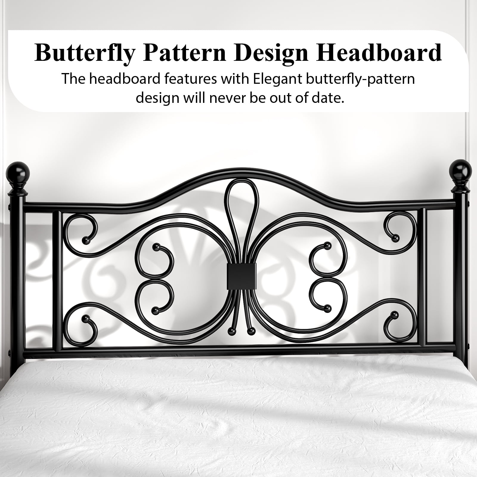EBERY Full Size Metal Bed Frame with Butterfly Pattern Design Headboard & Footboard, Underbed Storage, Black