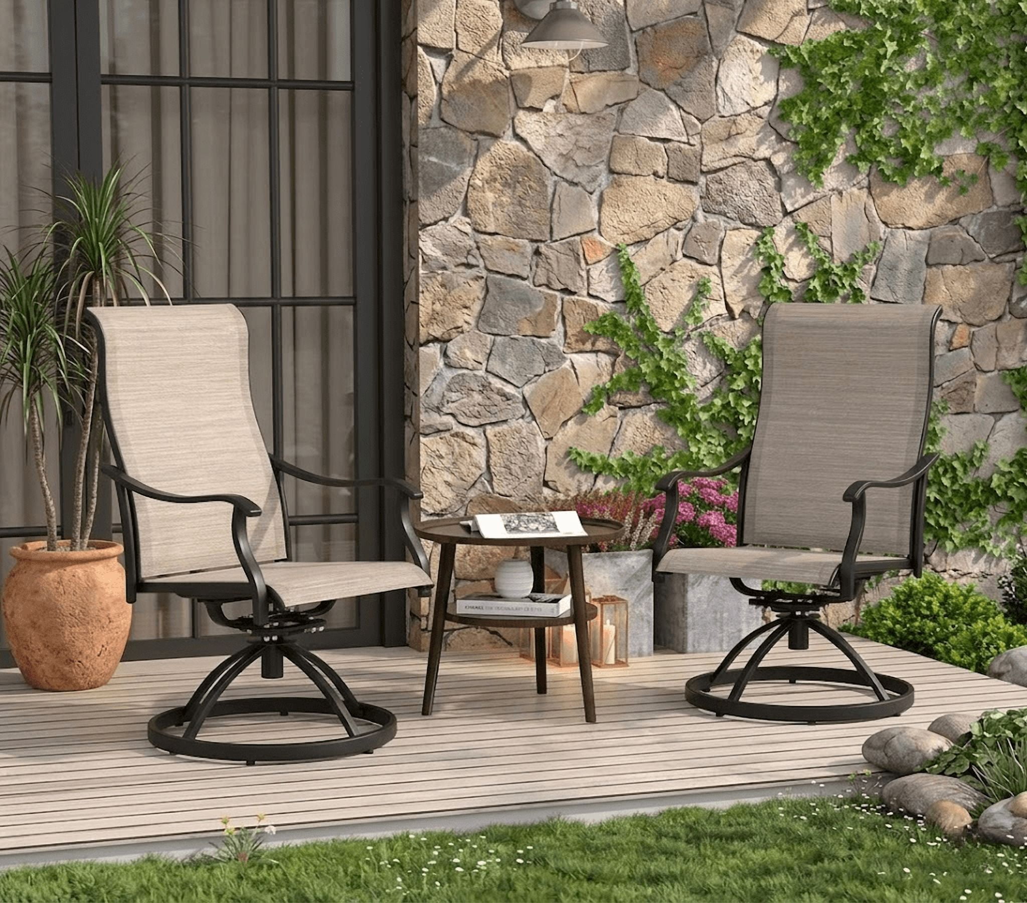 Howcool Patio Dining Chairs Set of 2, Outdoor Swivel Dining Chairs with High Back & Armrests, Breathable Textilene Patio Chairs, All-Weather Metal Frame for Backyard, Garden, Porch, Khaki