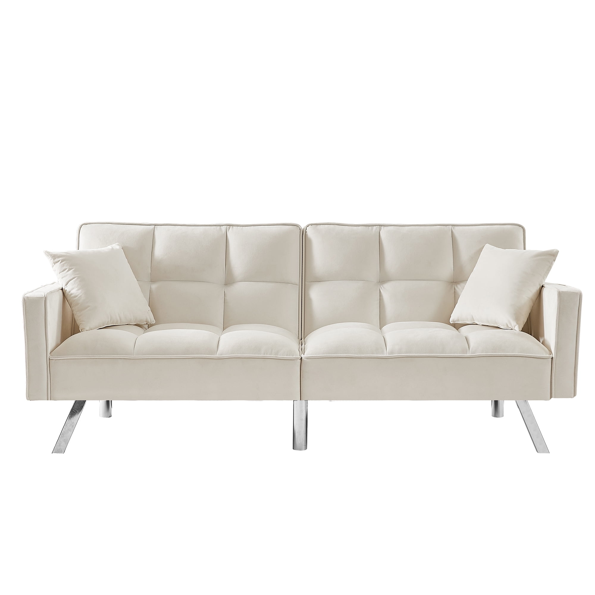 Kepooman Modern Convertible Velvet Futon Couch with 2 Pillows for Office Living Room Bedroom, White Kepooman Modern Convertible Velvet Futon Couch with 2 Pillows for Office Living Room Bedroom, White
