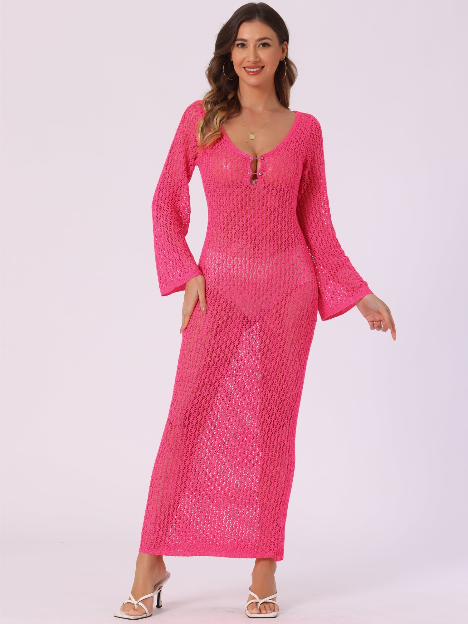 DARING DIVA Beach Cover Ups Long Sleeve Swim Bathing Dress L Hot Pink