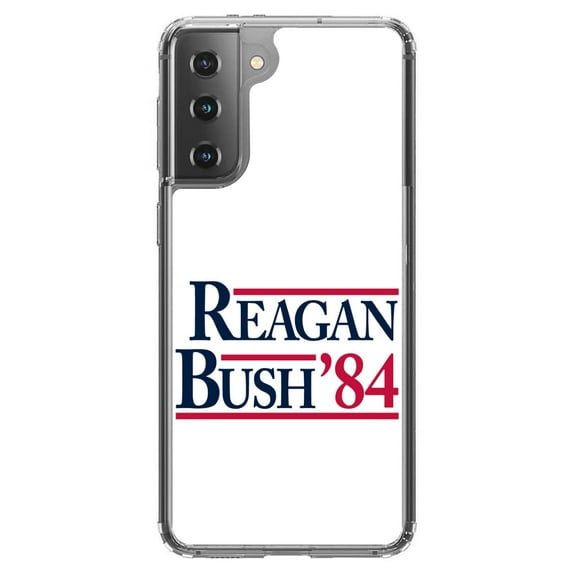 DistinctInk Clear Shockproof Hybrid Case for Galaxy S21  PLUS 5G (6.7" Screen) - TPU Bumper, Acrylic Back, Tempered Glass Screen Protector - Reagan Bush 1984