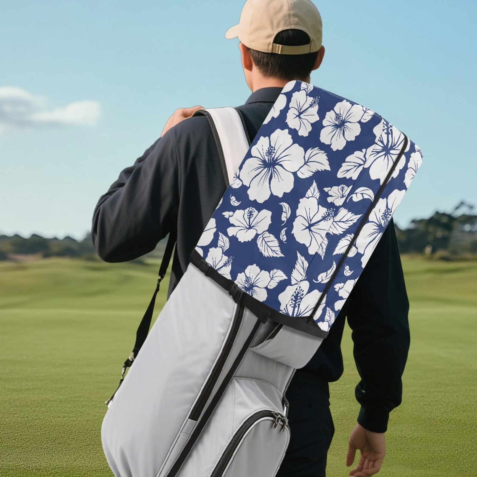 Yuyamidu Blue Hibiscus Golf Bag Cover Colorful Flowers Golf Bag Umbrella for Clubs with Snap Button Dust and Sun Protection Fit Most Club Bags