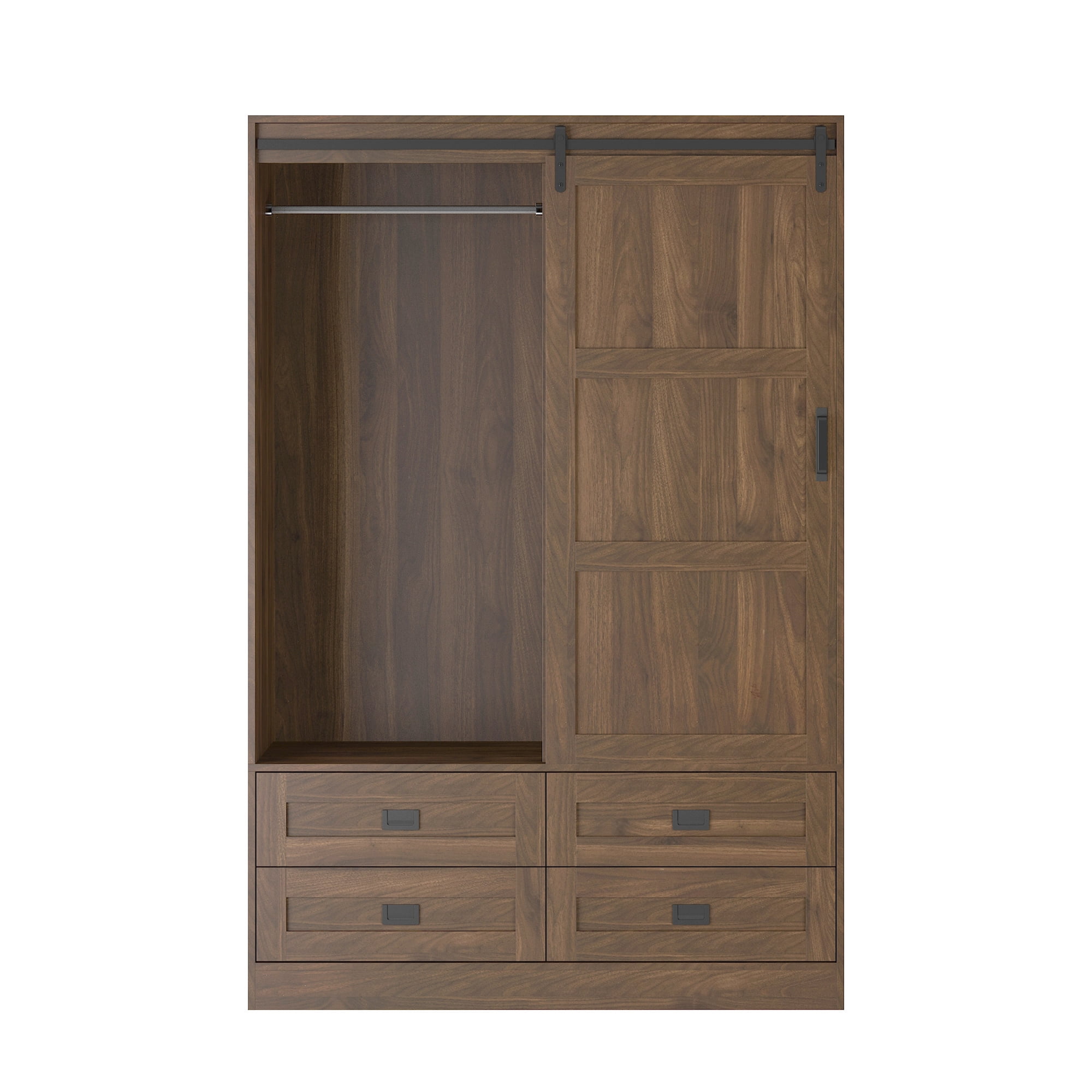 Aukfa Wood Armoire Wardrobe Closet,Clothing Storage Cabinet with Drawers,Hanging Rod & Barn Door,Walnut