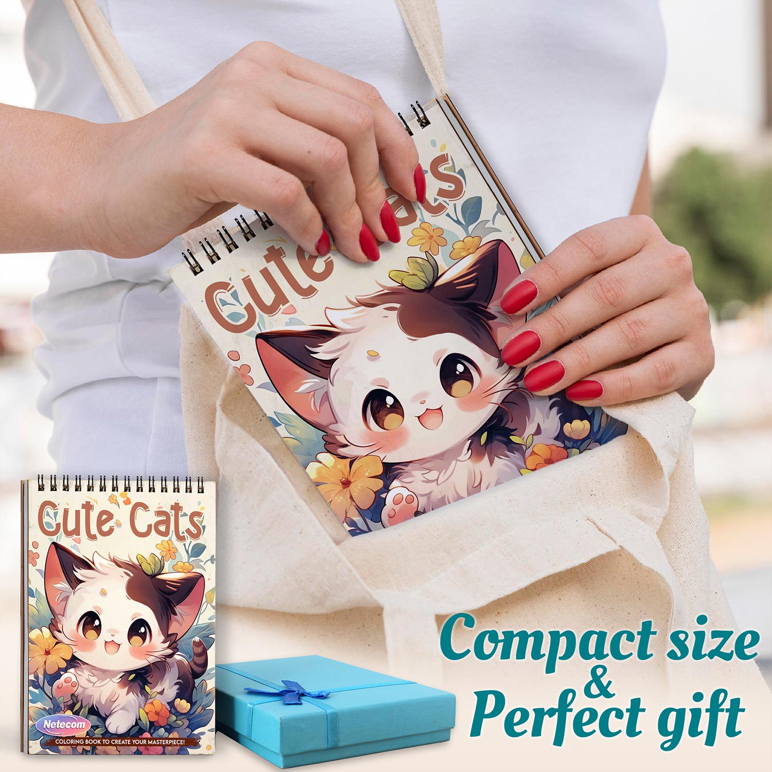 Netecom Cute Cats Spiral Bound Coloring Book for Adults, A5 Wooden Cover, 30 Adorable Coloring Pages of Playful Kittens for Stress Relief and Relaxation