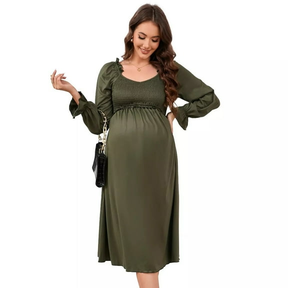 Women's V Neck Maternity Dress Long Sleeve Smocked Chest Midi Dress