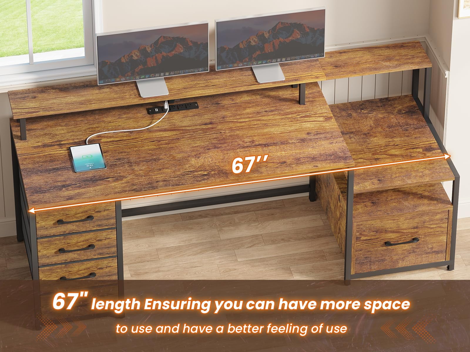 SEDETA 66" Computer Desk with File Drawer & Power Outlet, Home Office Desk with 5 Drawer and Storage Shelves, Printer Cabinet and Monitor Shelf, Gaming Desk with Led Lights, Rustic Brown