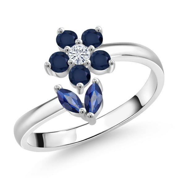 Gem Stone King 925 Sterling Silver Blue Sapphire and White Moissanite Flower Open Ring for Women (0.56 Cttw, Gemstone September Birthstone, Size 5)