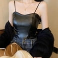 thumbnail image 4 of Top de piel sintética para mujer, estilo motocicleta, tirantes finos, sin mangas, con hombros descubiertos, camisola con almohadillas para el pecho, 4 of 8