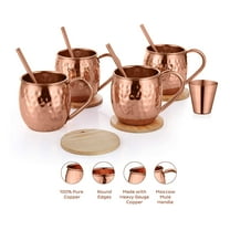 AVADOR Set of 4 Handcrafted 100% Pure Copper Moscow Mule Mugs Hammered Finish 16 Oz. Gift Set Boxed with Shot Glass, 4 Copper Straws and 4 Wooden Coasters