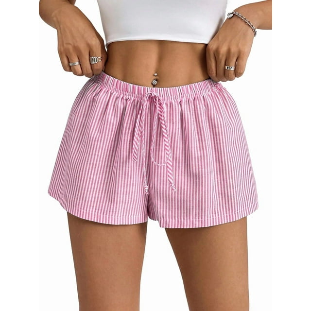 Women'S Striped Print Drawstring Elastic Waist Shorts Casual Wide Leg Low Rise Summer Boxer Shorts Rose Red M