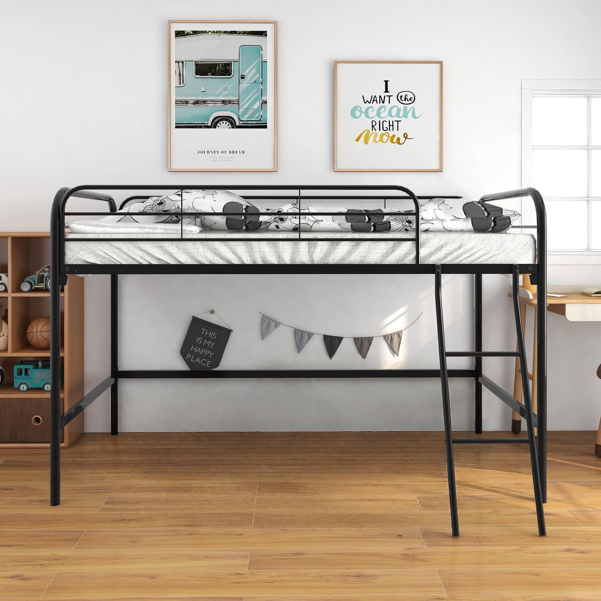 Aukfa Metal Loft Bed, Twin Size Loft Bed with Ladder for Kids Teens Junior, Black